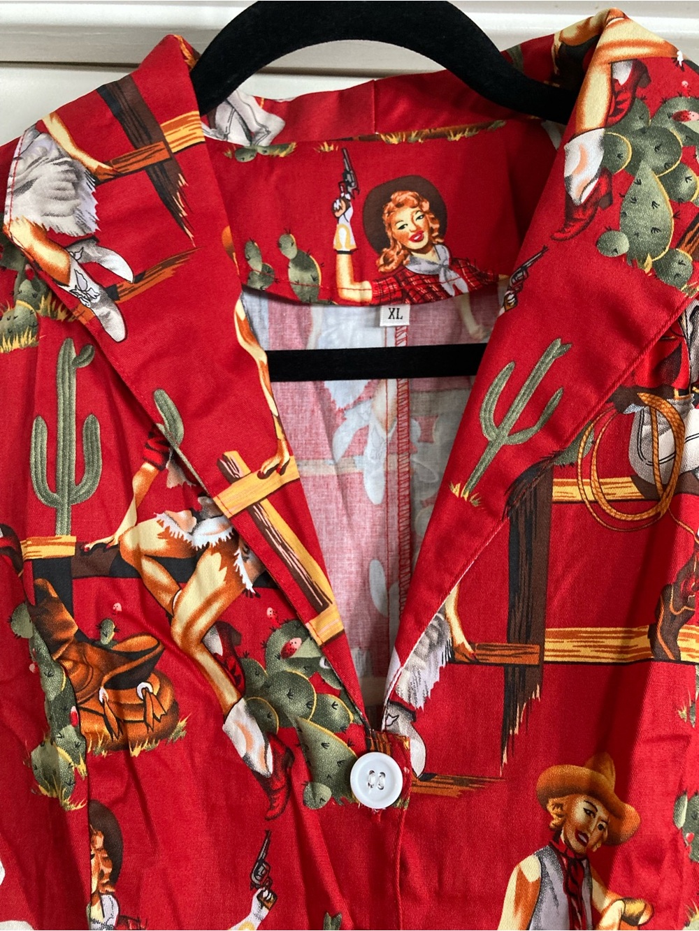 WOMENS Western-Print Red Fit & Flare Dress from Unique Vintage size XL - Picture 5 of 10